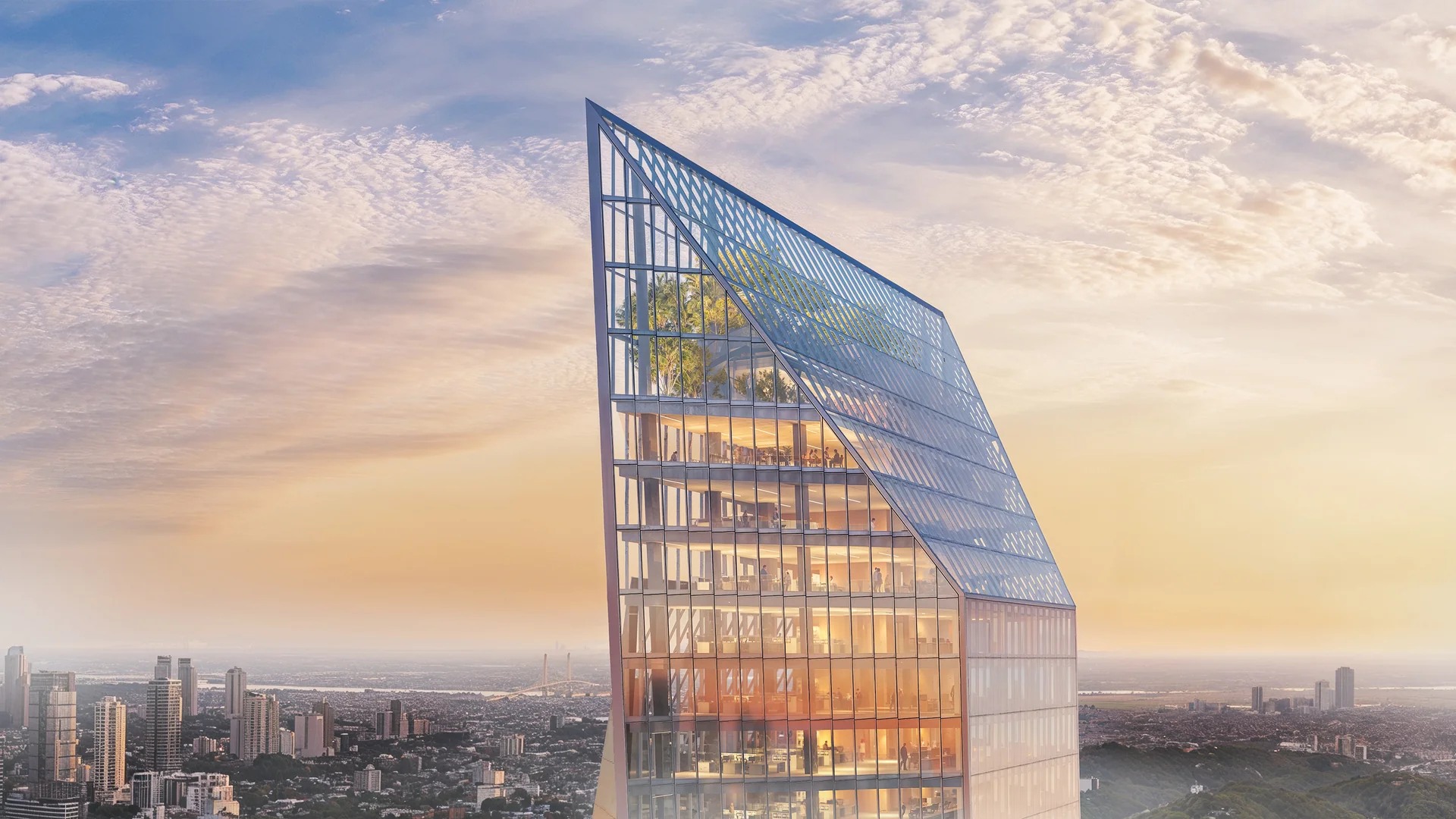 Render de un desarrollo inmobiliario sobre el skyline de Asunción al atardecer